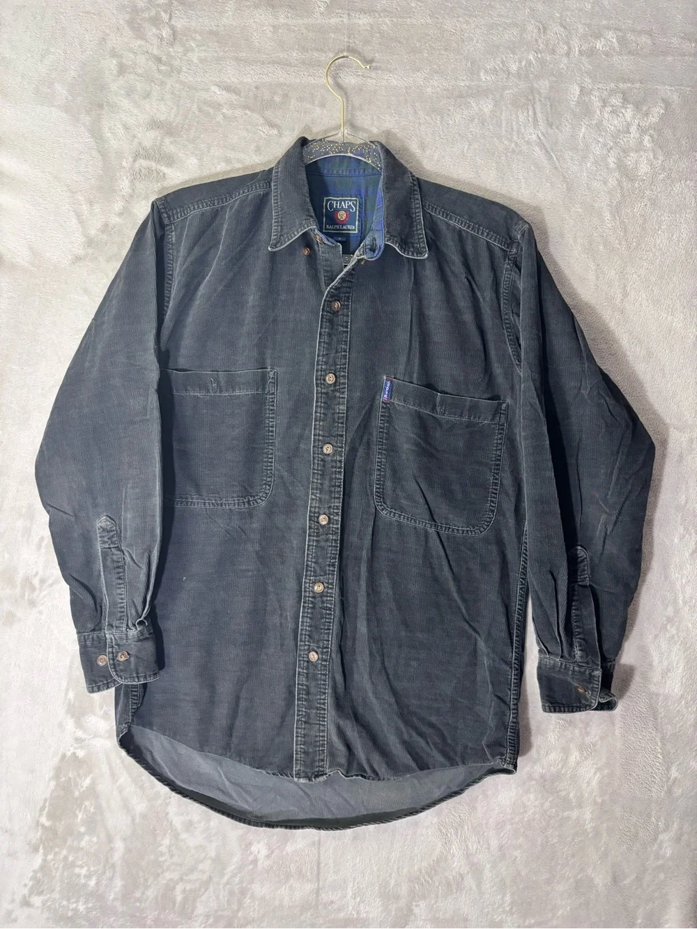 Vintage Chaps Ralph Lauren Shirt Mens Small Corduroy Gray Plaid Button Up